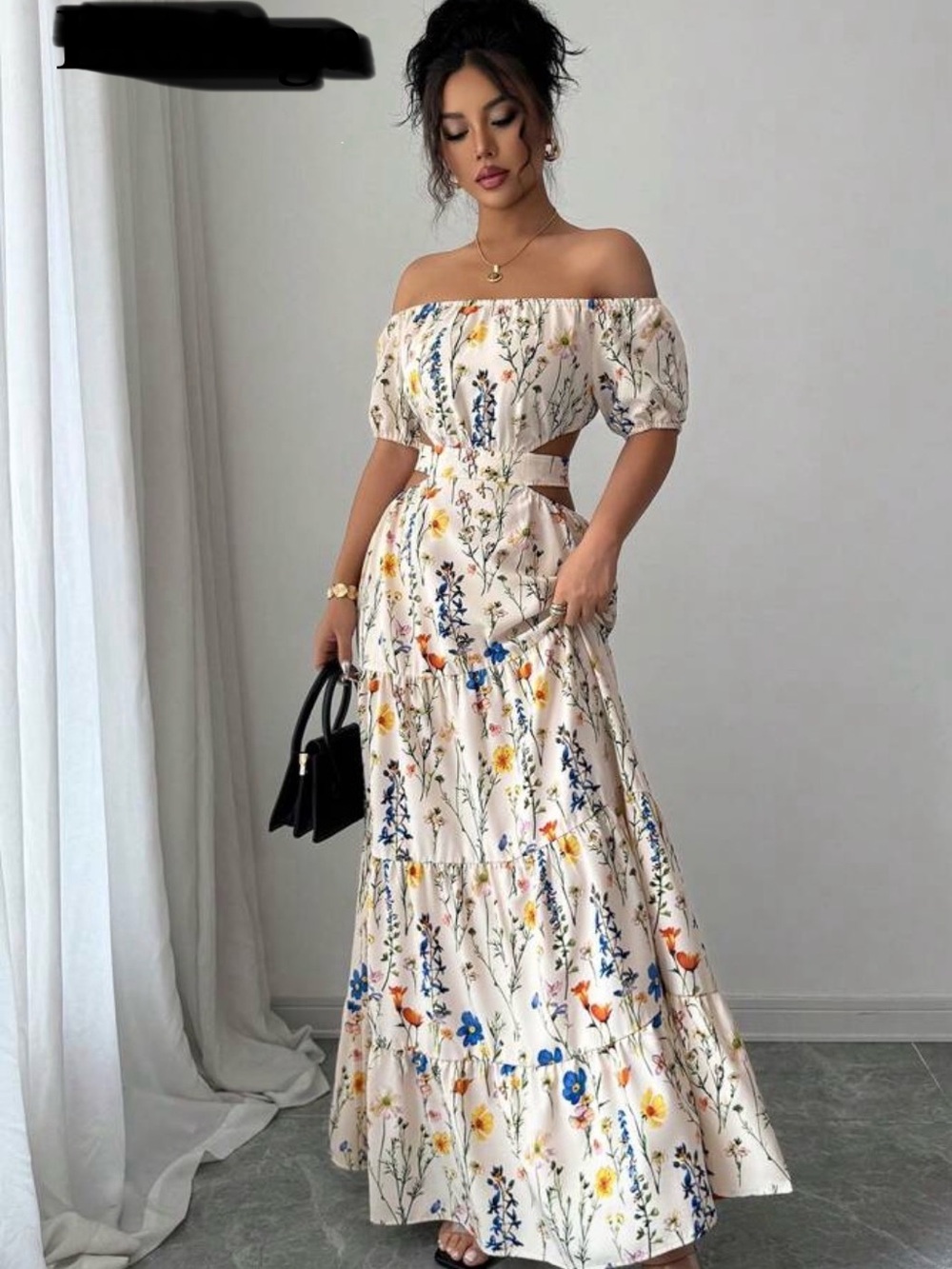 Off-Shoulder Cream Floral Maxi Dress